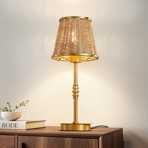 Bedside Table Lamp for Bedroom: Rattan Desk Lamp with Dimming Knob & AC Outlet, 18'' Vintage Nightstand Lamp with 70.8'' Power Cord for Living Room Dorm Office Kids Room Ambient Lighting(E26, No Bulb) - size: Corded Electric