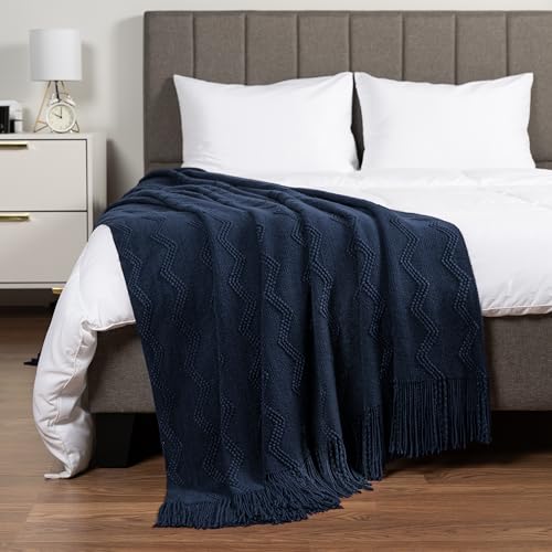 PAVILIA Navy Blue Knit Throw Blanket for Couch, Twin Bed, Soft Knitted Farmhouse Sofa Throw for Living Room, Lightweight Decorative Summer Blanket for Chair, Outdoor Textured Boho Blanket, 60x80 - color: Navy Blue, size: 60 X 80 Inches - Twin