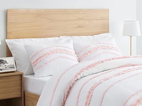 Bohemian Boho Chic White and Pink Macrame Tufted Tassel 2 pc. Twin / Twin XL Size Bed Bedding Set Duvet Comforter Cover / Sham Blush Pink Textured Minimalist Cotton Fringe Farmhouse Indie Dorm Teen - color: Blush Pink, size: Twin