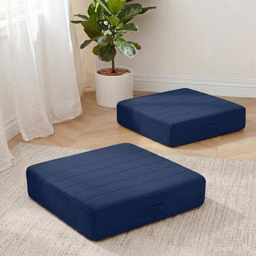 MeMoreCool Square Floor Pillows for Adults Kids, 2 Sets Large Meditation Cushion with 5" Thick Foam and Washable Tufted Cover, 24 Inch Navy Seat Floor Cushions for Sitting and Yoga - color: Navy Blue, size: 24 Inch