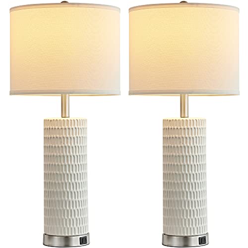 Reaketon 26.5" Ceramic Table Lamp Set of 2, 3 Way Dimmable Touch Control Table Lamp with 2 USB Charging Ports for Bedroom Living Room, Modern Nightstand Lamp End Table Lamps, Bulbs Included - color: White Shade & Silver Base
