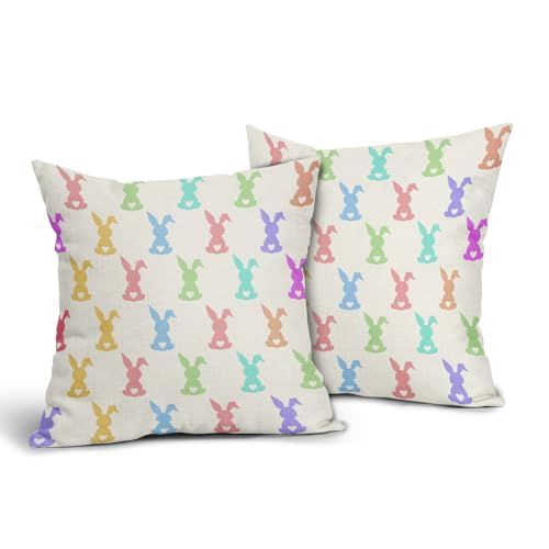 Easter Cute Rabbits Pillow Covers 16x16 Inches Colorful Bunny Throw Pillow Case Set of 2 Easter Spring Pillow Cover Cotton Linen Cushion Cover for Home Couch Sofa Bedroom Livingroom - color: Colorful Bunny231123, size: 16" x 16" (Pack of 2)