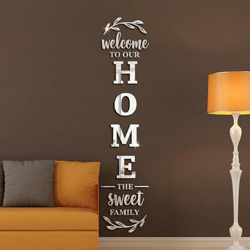Wall Mirror, Silver 100x20cm Family Decor Removable 3D Acrylic Decorative Mirror Decals Self-Adhesive Reflective Stickers for Living Room Wall Art Entryway Background Home Decor Family Signs
