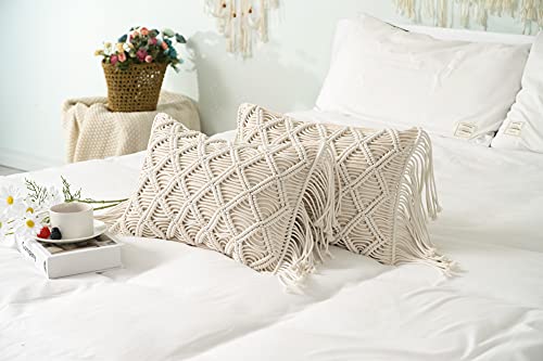 Macrame Lumbar Pillow Cover-Set of 2 Decorative Thorw Pillowcase Boho Tassel Cushion Covers for Sofa Couch Chair Farmhouse Home Decor 12X18 INCH - color: A