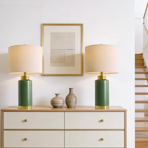 USumkky 25" Green Ceramic Table Lamp Set of 2, Modern Mid-Century Bedside Nightstand Lamps for Bedroom Living Room, Linen Shade & Gold Metal Base, Rotary Switch E26 (Bulbs Excluded) - color: 25" Green-2 Pack