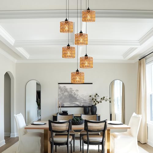 6-Light Coastal Chandelier Hand Woven Wicker Ceiling Lamp E26 Base Black Rustic Adjustable Long Staircase Hanging Lights for Farmhouse Kitchen Island, Boho Rattan Light Fixture - color: 6-Light