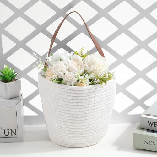 7.1 x 9.8 x 4.7 Inch Hanging Woven Basket Cotton Wall Basket with Handle White Rope Multifunction Macrame Closet Shelf Organizing Storage Wall Mounted Bin for Kitchen Room Fruit Plants Towels