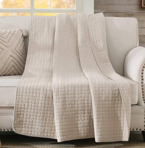 100% Cotton Quilted Throw Decorative Throw Blanket Multi Color Super Soft Warm Indian Vintage Reversible Quilt for Sofa and Couch 50"x60" (Natural Beige) - color: Natural Beige