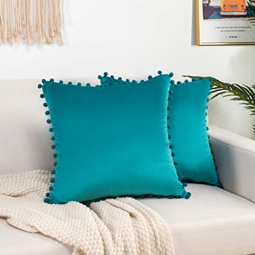 Elegant Comfort POM-POMS Fringe Velvet Cushion Covers Set of 2, Velvet Soft Solid Decorative Square Throw Pillow Covers Set Cushion Case for Couch Bed, Livingroom 20 x 20 Inch (50 x 50 cm), Turquoise - color: Turquoise, size: 20" x 20" (Pack of 2)