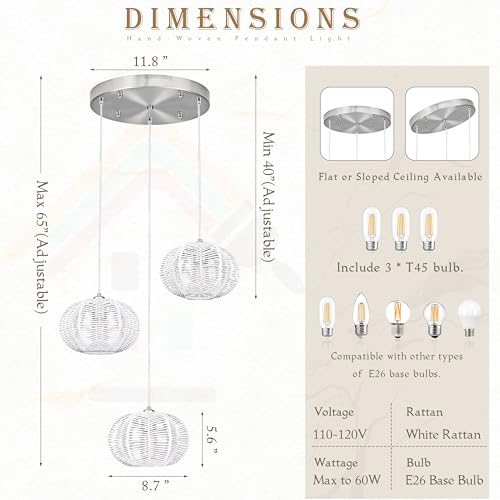 12" Boho White 3-Light Boho Chandeliers for Kitchen Island Hand-Woven Boho Rattan Chandeliers Dimmable Adjustable Hanging Wicker Chandelier for Dining Room Living Room （Bulb Incl.） - color: 11.8" White 3-Light