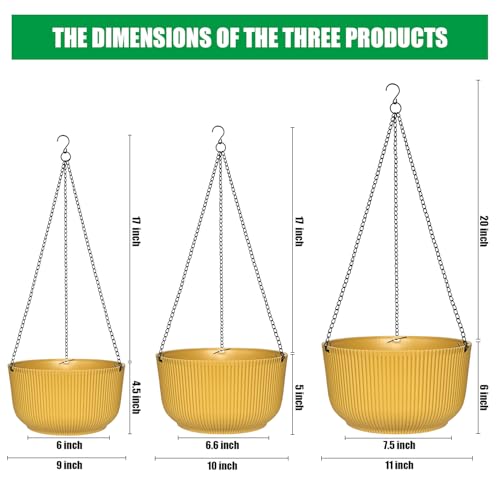 RooTrimmer Hanging Planters 9/10/11 Inch for Indoor Plants, 3 Pack Plant Hanger Outdoor with Drainage Holes, Self Watering Hanging Basket Flower Pot for Garden Home Decor, Yellow - color: Yellow