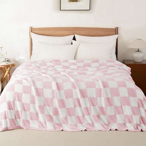Whale Flotilla Checkered Knit Blanket Twin Size, Ultra Soft Warm Reversible Cozy Decorative Blankets for Couch Sofa and Bed, 60x80 Inch, Pink - color: Pink Checker, size: 60x80 Inch