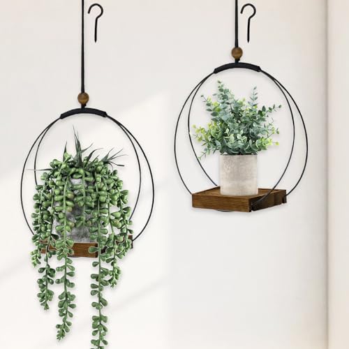 Adnkwolivt Hanging Planters for Indoor Plants - Plant Hanger Outdoor Pack of 2, Metal Plant Hanger Mid Century, Hanging Wall Ceiling Window, Gift for Mom, Plant Lovers, Housewarming - color: Black Metal/Walnut Wood Base, size: 2 Pack