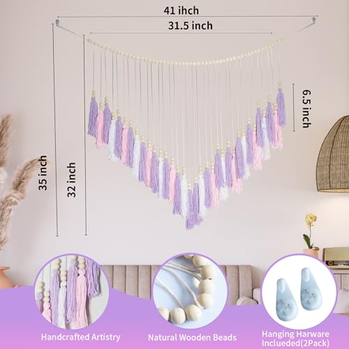 Pink & Purple Macrame Hanging Boho Wall décor, Purple Wall Decor for Bedroom Living Room Girls Room Nursery Large Tassel Hanging with Wood Beads 41" W x 32" H - color: Purple, White, Pink