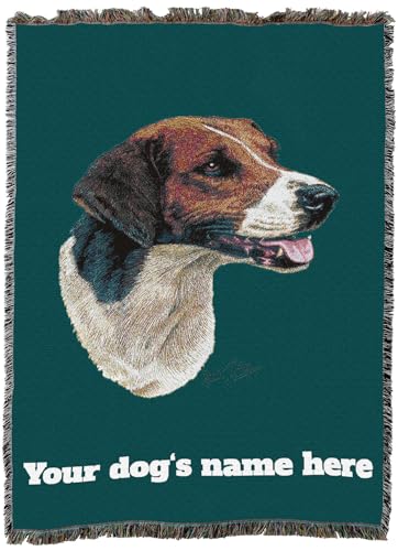 Pure Country Weavers English Foxhound Dog Personalized Woven Blanket Teal by Robert May - Gift Cotton Tapestry Throw - Made in The USA - 72" x 54" - color: Teal, size: 72" x 54" - Custom