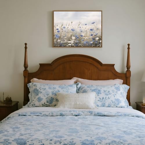 Vintage Floral Wall Art Blue White Flower Canvas Art Prints Wildflower Pictures Wall Decor Nature Landscape Oil Painting Framed Botanical Artwork for Girls Room Bedroom Farmhouse Decoration, 12''x16'' - color: Blue White Flower, size: 16"L x 12"W