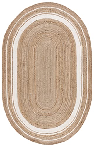 SAFAVIEH Natural Fiber Collection Area Rug - 4' x 6' Oval, Natural & Ivory, Flat Weave Farmhouse Border Jute Design, Ideal for High Traffic Areas in Living Room, Bedroom (NF812A) - size: 4' x 6' (Oval)