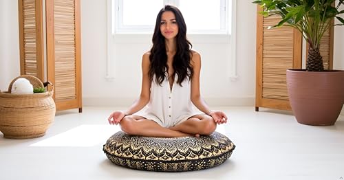 32" Gold Mandala Barmeri Large Floor Pillow Cover Cushion Meditation Seating Ottoman Throw Cover Hippie Decorative Zipped Bohemian Pouf Ottoman Poufs, Pom Pom Pillow Cases (Gold Black, 32 inch Round) - color: Gold Black, size: 32" Round