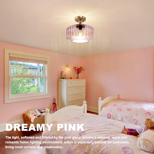 Flush Mount Ceiling Light Gold Light Fixture Set of 2 Striped Glass Shade Pink Chandelier Farmhouse Semi Flush Mount Light for Pantry Bar Cafe Hallway Entryway - color: Pink, 2 Pack