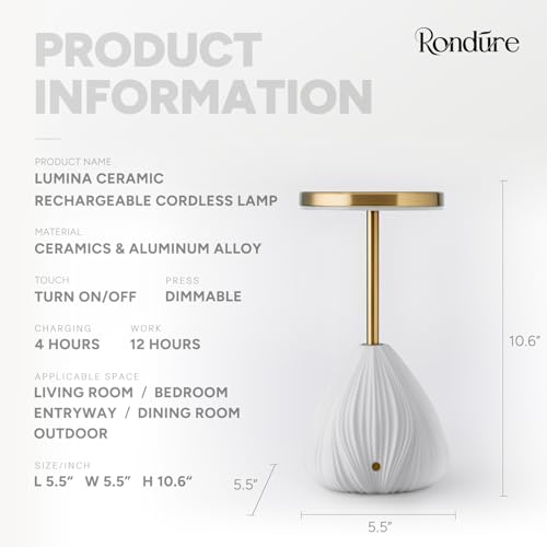 RONDURE 10.6" Ceramic Cordless Table Lamp, Portable Rechargeable Table lamp, Touch Dimmable Warm Ambient Lighting for Living Room, Bedroom, Dining Room, Fast Charging & Long Lasting - style: Lumina