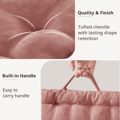 Intelligent Design Floor Pillow - Shredded Foam Filled Meditation & Yoga Cushion, Chenille Tufted, Handsewn Scalloped Edge, Oeko-TEX Certified, Azza, 24" x 24" x 5" Dusty Peach - color: Dusty Peach, size: 24"W x 24"L x 5"H