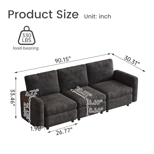Guyii 3 Seater Modular Sectional Sofa Comfy Upholstery Couch Soft Cushion Back&Seat Sofa Small Space for Living Room Apartment Dark Gray Easy Assemble - color: Dark Gray, size: 3 seater