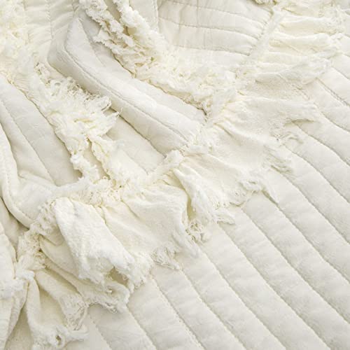 Ultra Soft Pre-Washed Warm Quilted Throw Blanket, Ruffle Fringed Cream Boho Decorative Throw, Stone Washed Chic Rustic Blanket for Sofa Couch Bed Chair, 50"x 60" - color: Cream, size: 50"x60"