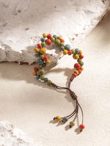 MINACHI Bohemian Colorful Ceramic Bead Adjustable Cord Bracelet, Hippie Boho Summer Fashion Jewelry Gift for Women - color: S02