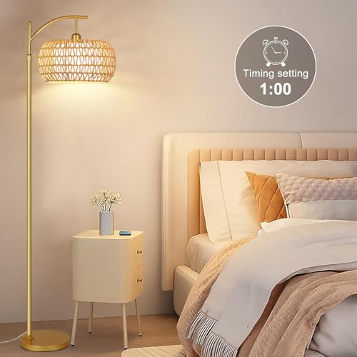 Gold Floor Lamp for Living Room with 3 Color Temperatures,Arc Boho Floor Lamps with Remote Control, Rattan Standing Lamp with Wicker Lamp Shades Dimmable Tall Floor Lamp For Bedroom Living Room Corner - color: gold-cydariform, size: 12.2 inch