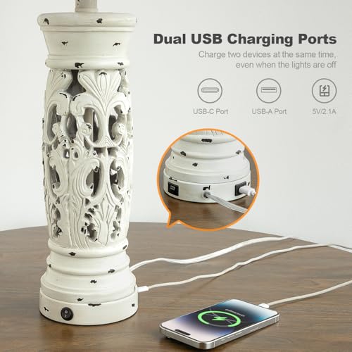 BOBOMOMO 27.25” Farmhouse Table Lamps Set of 2 – Antique White Bedside Lamps with Night Light & USB A+C Ports, Vintage Lamps for Bedroom, Living Room, Entryway, Console Table (Bulbs Included) - color: Antique White
