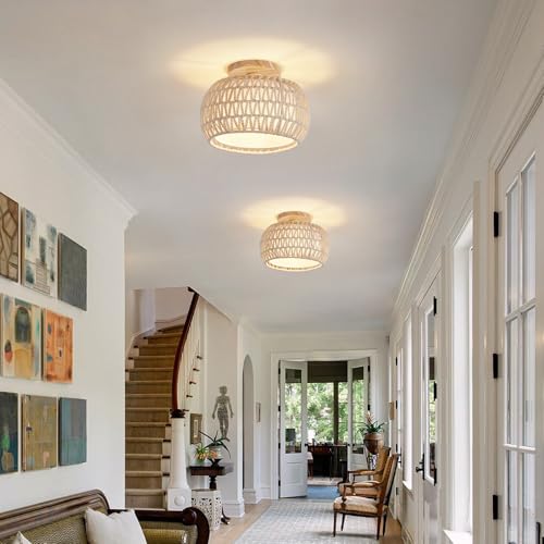 Boho Rattan Ceiling Light Fixture - 3 Style Options Wicker Semi Flush Mount Ceiling Lights,Beige Coastal Light Fixtures,Bohemian Woven Basket Chandelier for Hallway Bedroom Nursery Kitchen Laundry - color: Beige
