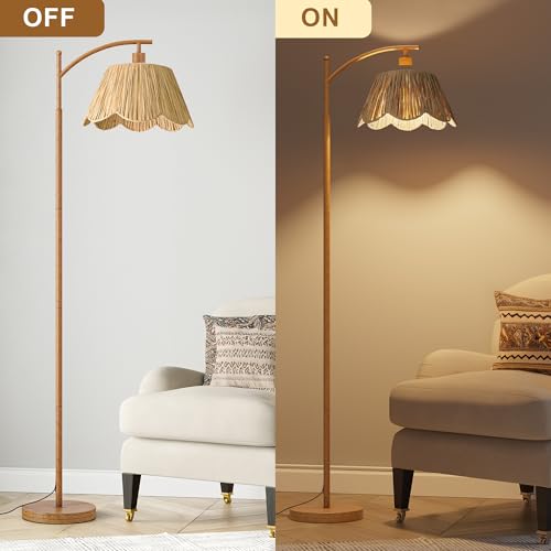 Oneach Rattan Floor Lamp for Bedroom, Boho Floor Lamp with Foot Switch, Farmhouse Standing Lamps for Living Room with Hand-Woven Shade, Walnut Metal Base & Pole - color: Walnut
