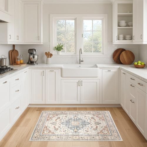2x3 Rug Small Area Rugs: Washable Boho Neutral Vintage Soft Indoor Floor Oriental Carpet Farmhouse Distressed Low Pile Non Slip Throw Carpet for Kitchen Entryway Bedroom Nursery Entry- Beige Blue - color: Beige Blue, size: 2' x 3' (Rectangular)