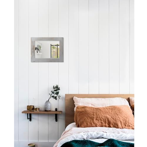 Rustic Wall Mirror Farmhouse, with Frame Wood Wall Mirror Rectangle Antique Decor Hanging Mirror for Bathroom Living Room Bedroom Entryway Small 16" x 12 " - color: Rustic Gray, size: 16"L x 12"W