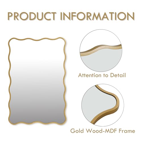 Gold Wavy Bathroom Mirror 20x30 Rectangle Scalloped Farmhous Mirror Modern Wood Farme Mirror Wall Decor for Bathroom Entryway Living Room Bedroom Hallway - color: Gold, size: 30"L x 20"W