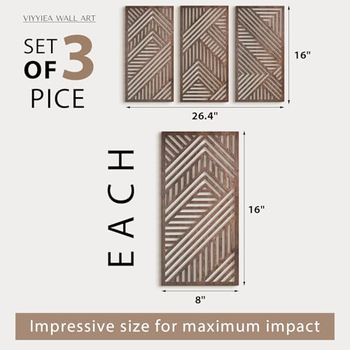 VIYYIEA Boho Solid Wood Carved Wall Art Set of 3, Geometric Minimalist Wooden Home Decor Panels, Handcrafted Solid Wood Wall Hanging for Living Room Bedroom Hallway, 16 x 8 Inch Each (Sunset Brown) - color: Sunset
