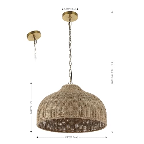 JONATHAN Y 20" Brown/Brass Gold 1-Light Rattan and Iron Dome Pendant Light, Adjustable Height Coastal Bohemian Hanging Lamp for Kitchen Island, LED Bulb Included JYL1133A