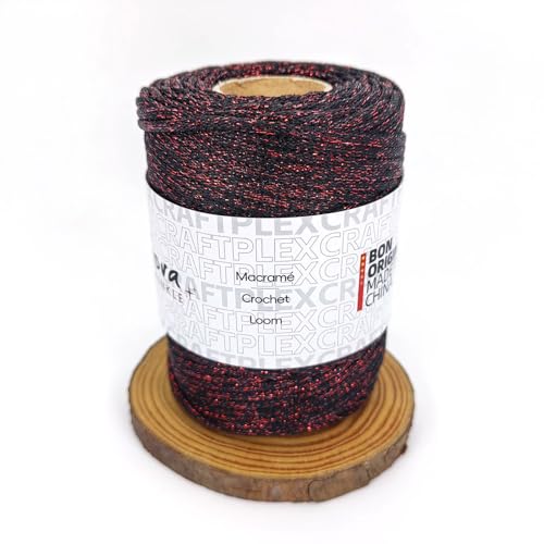 3mm Sparkle Polyester Macramé Cord - 150g/66yds Metallic Glitter Braided Cord for Crocheting Bags, Baskets, Macramé Plant Hangers & DIY Crafts, Machine Washable (15#Black Red) - color: 15#black Red