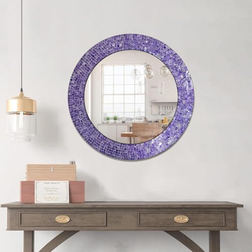 24" Round Rainbow Mosaic Wall Mirror, Multicolor Glass Tile Frame, Bohemian Decorative Accent Mirror for Living Room, Bathroom, Bedroom, Entryway, Wall Mount (MI-8129_Ultra-Violet) - color: Mi-8129_ultra-violet