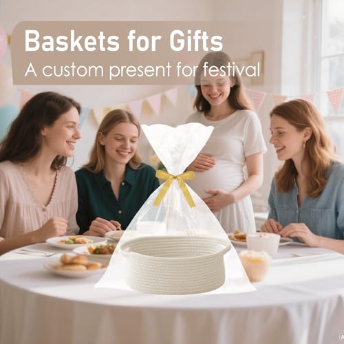 JMvicyroam Woven Basket,Small Rope Storage Bin with Handles & Ribbon Bag, Organizer for Shelves Closets,Gift Basket Empty for Birthday,Books,Dog Toys,White - color: White, size: 1 Pack