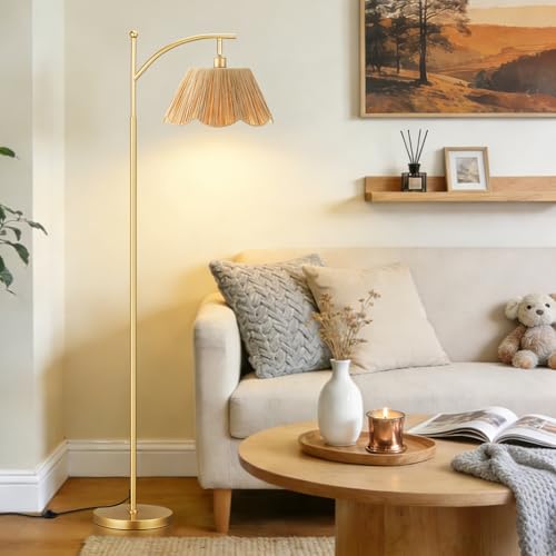 Ambimall 60" Floor Lamps for Living Room with 3 Color Temperatures, Gold Floor Lamp with Rattan Shade, Modern Tall Lamps for Bedroom Office, 9W LED Bulb Included - color: Boho & Gold
