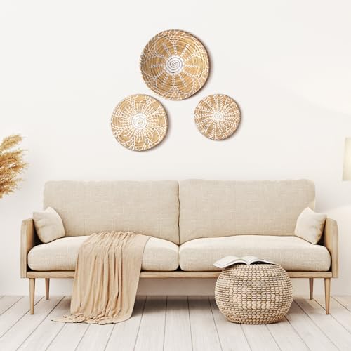 Glenmal 3 Pcs Boho Wall Basket Decor Decorative Bulrush Woven Basket Wall Decor Art Farmhouse Handmade Hanging Baskets with African Design for Living Room Display Table Settings Kitchen Home(Bright) - style: Bright
