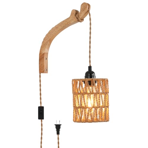 Plug in Wall Sconce,Farmhouse Wicker Wall Lamp Plug in,Hand Woven Rattan Wall Light Farmhouse Rustic Boho Sconces Wall Lighting for Living Room Bedroom - color: Wood+Rattan, size: 1 PACK
