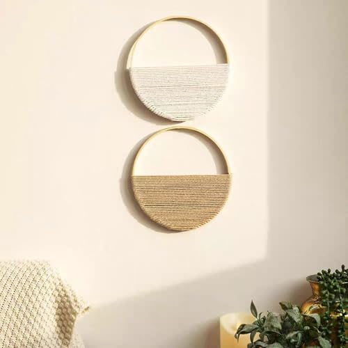 Cilemou 2-Piece 10-inch Round Bamboo Wall Decor with Yarn-Wrapped Half-Circle Design, Rustic Boho Style Wall Hanging for Living Room, Bedroom, Office, and Home Decor - size: 10in