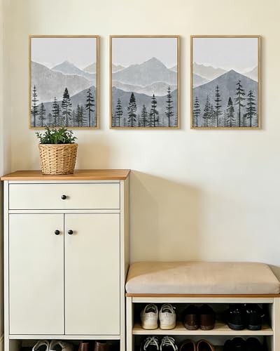 KUVIOKE Mountain Landscape Framed Wall Art Watercolor Nature Forest Painting Boho Farmhouse Rustic Room Decor for Bedroom Dining Room 12x16in (Natural Framed) - color: Blue Mountain, size: 12 x 16in x 3 Panels Natural