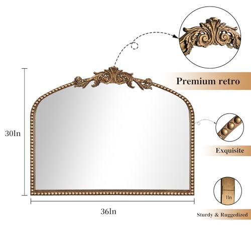 ironsmithn Gold Arched Mirror, 30"x36" Ornate Beaded Frame Mirrors, Metal Decorative Accent Mirror for Fireplace Bedroom Bathroom Living Room Entryway - size: 30"L x 36"W