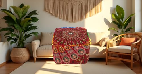 CRAFT KALA Large Hippie Mandala Meditation Floor Ottoman Pillow Cushion Pouf Cover Square Poufs Cover Bohemian Circle Floor Cushion Case Outdoor Fireplace Living Room Decor 18X18X14 inches, Red Mirchi - color: Red Mirchi