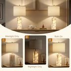 Scenekoy Alabaster Table Lamp Set of 2 with Night Light for Bedroom Living Room, 23" Rotary Switch Bedside Lamp with Linen Shade, Modern Nightstand Lamps for Room Office Dorm (Bulb Included) - color: White