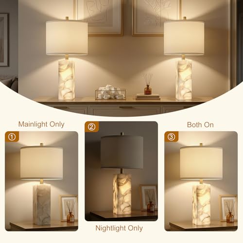 Scenekoy Alabaster Table Lamp Set of 2 with Night Light for Bedroom Living Room, 23" Rotary Switch Bedside Lamp with Linen Shade, Modern Nightstand Lamps for Room Office Dorm (Bulb Included) - color: White