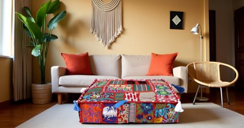 CRAFT KALA Indian Square Patchwork Traditional Pouf Cover Indian Living Room Poufs Decorative Embroidered Designer Ottoman Home Living Footstool Chair Cover Decor Pillow Cover 18x18x5 inches, Red - color: Red, size: 18"D x 18"W x 5"H
